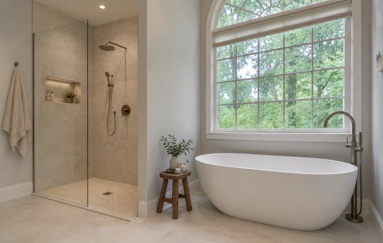 Freestanding tub + glass shower completed by Wave Renovation